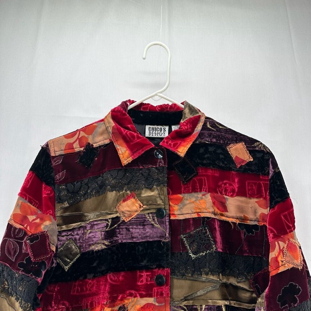 Chico's Design Jacket Size 1 M/8 Rayon Silk Velvet Patchwork Shacket Multicolor - Picture 3 of 10